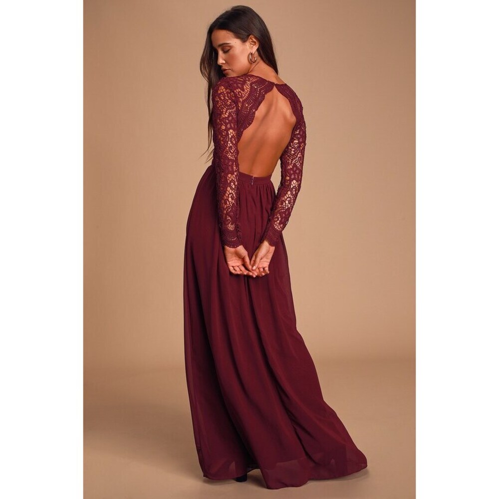 Lulus Awaken My Love Burgundy Long Sleeve Lace Maxi Dress Red - Size S
